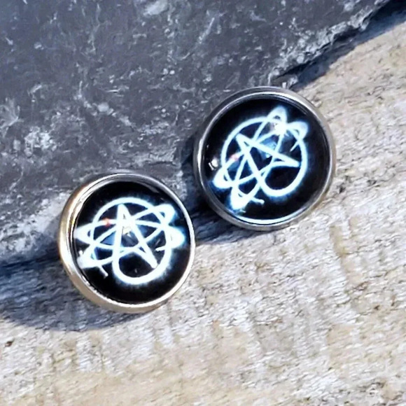 Atheist Space Science Symbols Antiqued Brass Stud Handcrafted Earrings - Picture 1 of 9